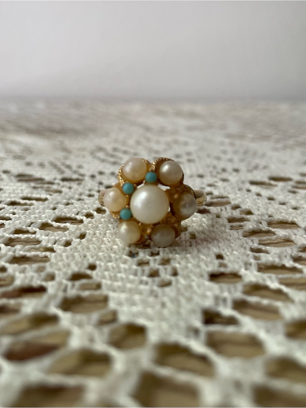 Vintage Avon Gold Pearl & Turquoise Cluster Ring Sz 9